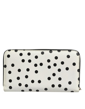 White Black Dotted Leather Zip Around Continental Wallet