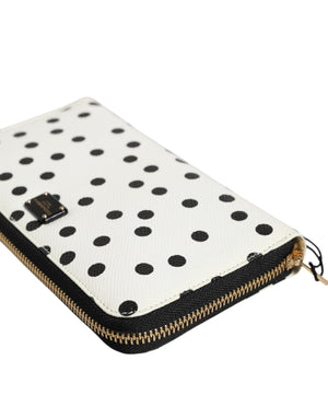 White Black Dotted Leather Zip Around Continental Wallet