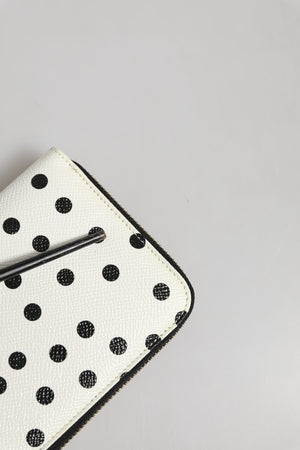 White Black Dotted Leather Zip Around Continental Wallet