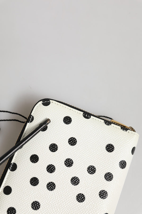 White Black Dotted Leather Zip Around Continental Wallet
