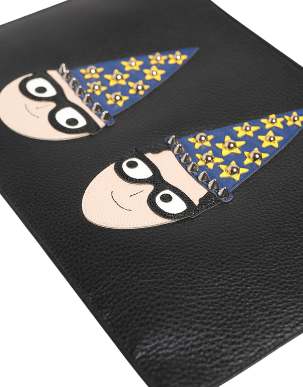 Black Leather #DGFAMILY Embellished Men Clutch Pouch Bag