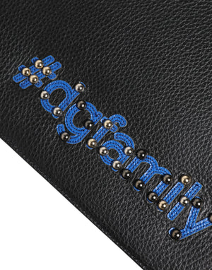 Black Leather #DGFAMILY Embellished Men Clutch Pouch Bag