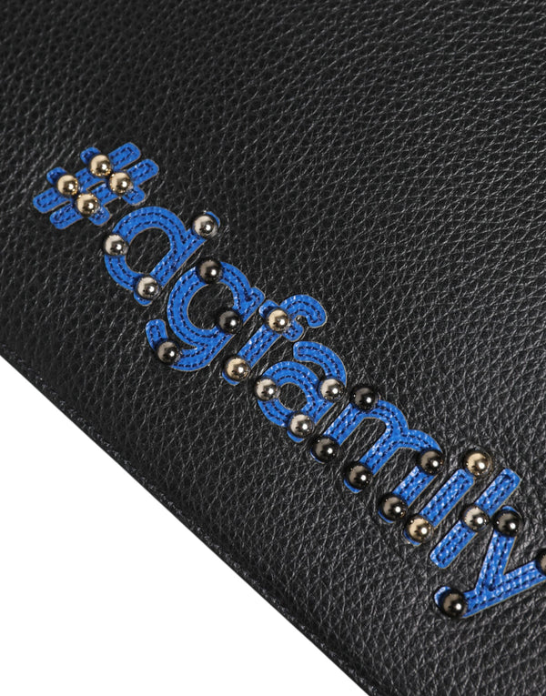 Black Leather #DGFAMILY Embellished Men Clutch Pouch Bag
