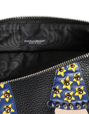Black Leather #DGFAMILY Embellished Men Clutch Pouch Bag