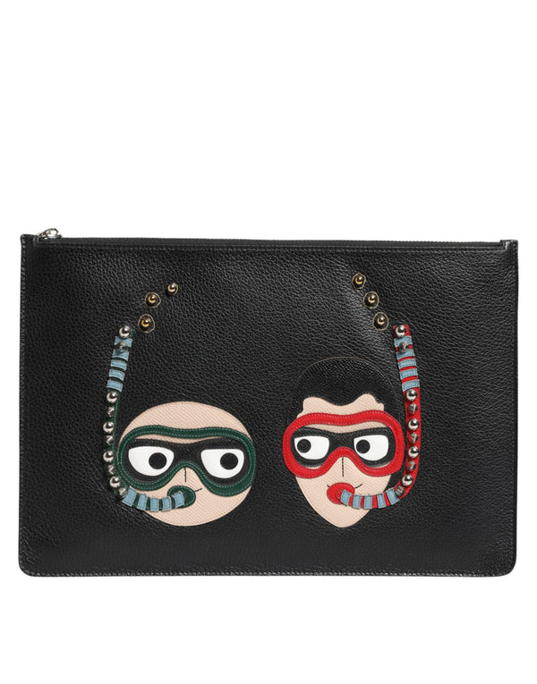 Black Leather #DGFAMILY Embellished Men Clutch Pouch Bag