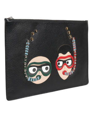 Black Leather #DGFAMILY Embellished Men Clutch Pouch Bag