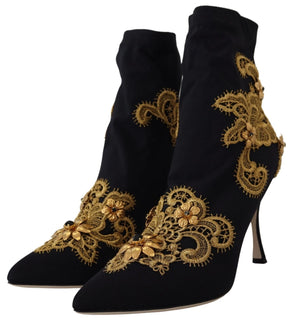 Black Gold Embroidery Crystal Boots Shoes