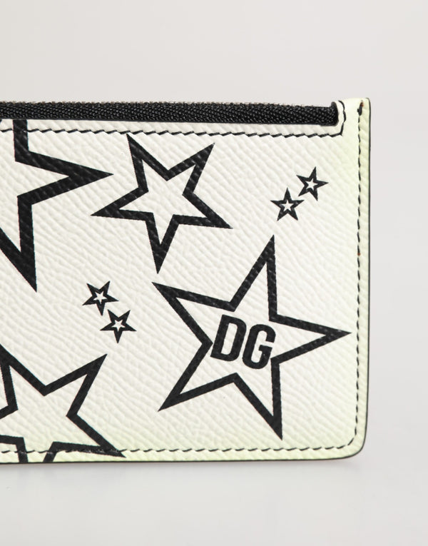 White Leather Douphin DG Logo Star Print Card Holder Wallet