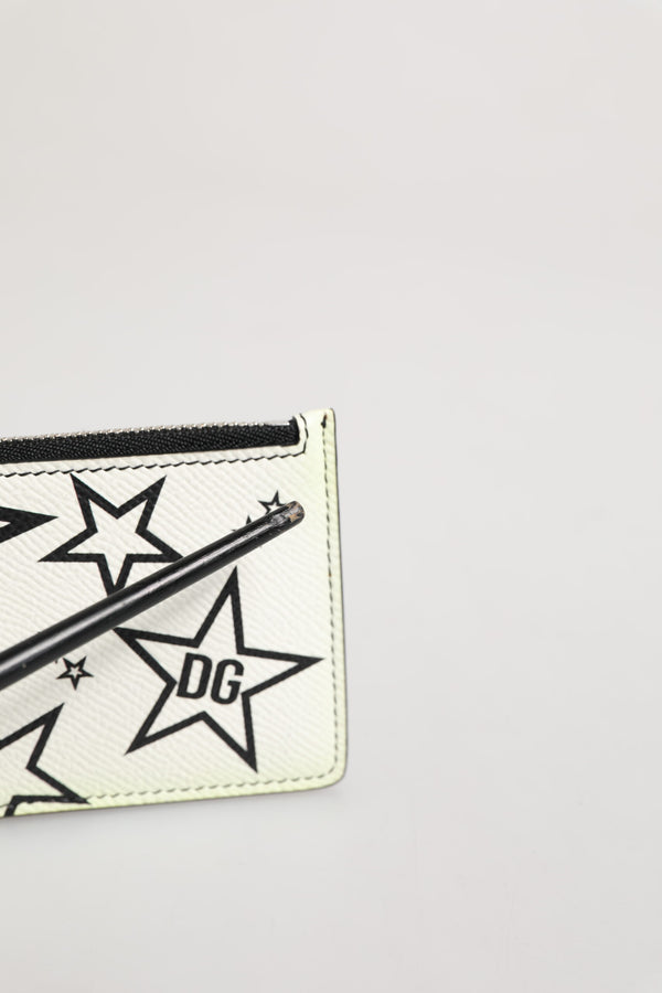 White Leather Douphin DG Logo Star Print Card Holder Wallet