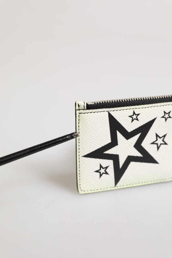 White Leather Douphin DG Logo Star Print Card Holder Wallet