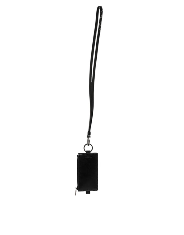 Black Leather Logo Embossed Lanyard Card Holder Wallet
