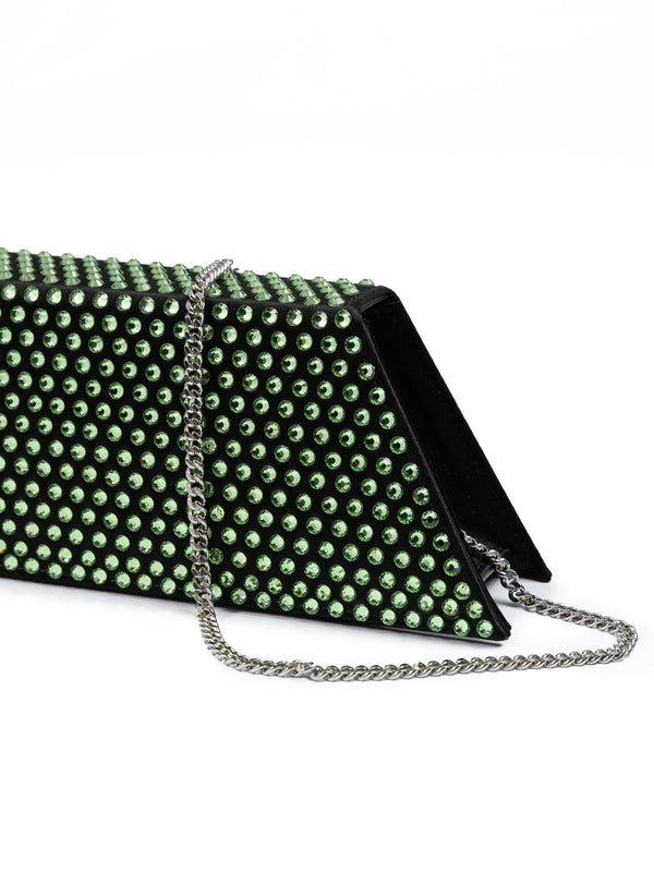 Mini Black Satin And Green Crystals Shoulder Bag