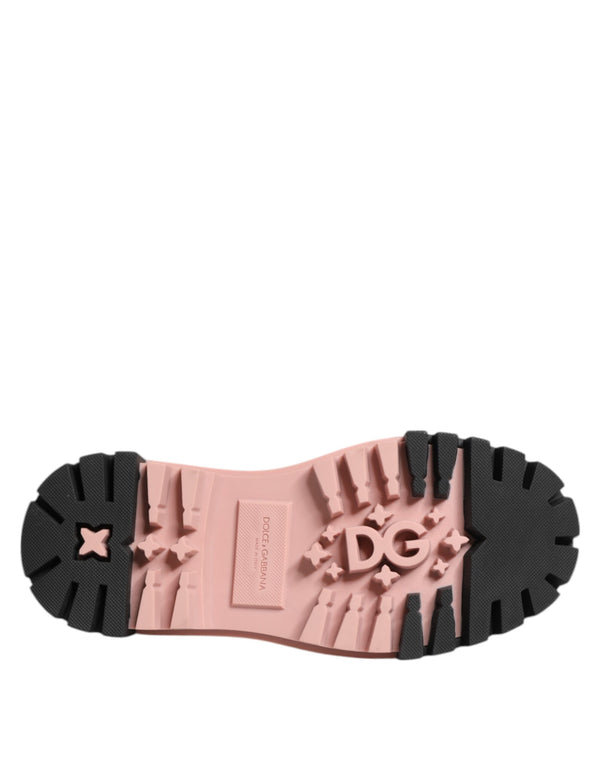 Light Powder Pink Black Leather Lace-Up Shoes