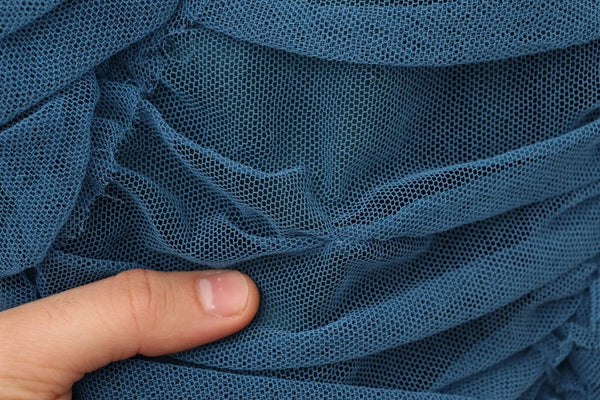 Blue Mesh Trim Ruched Tulle Sheath Dress