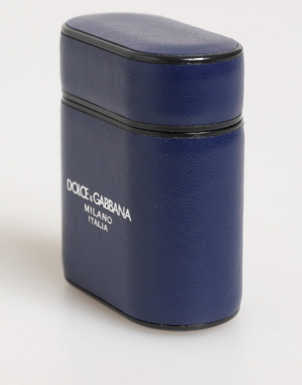 Blue Leather Logo Print Flip Holder Men Airpods Case