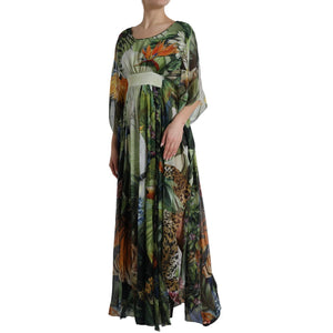 Multicolor Silk Jungle Print Women Maxi Dress