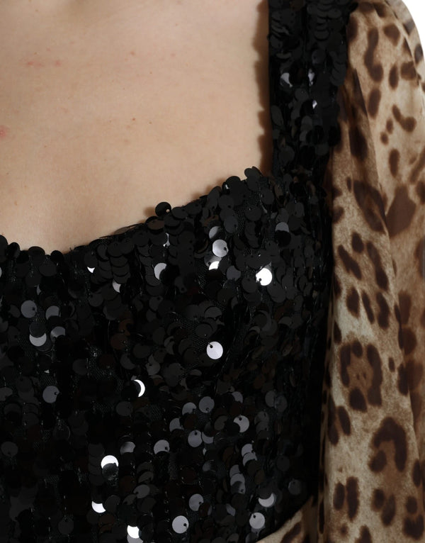 Leopard Print Silk Sequin Ruffle Maxi Dress
