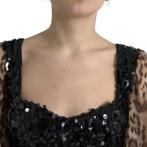 Leopard Print Silk Sequin Ruffle Maxi Dress