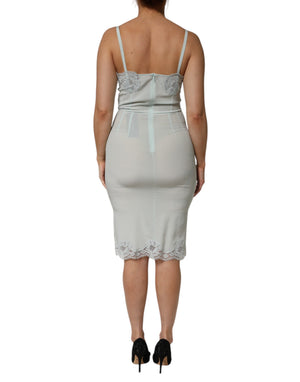 Light Blue Silk Lace Midi Bodycon Slip Dress