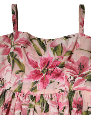 Pink Floral Lily Print Midi Sleeveless Dress