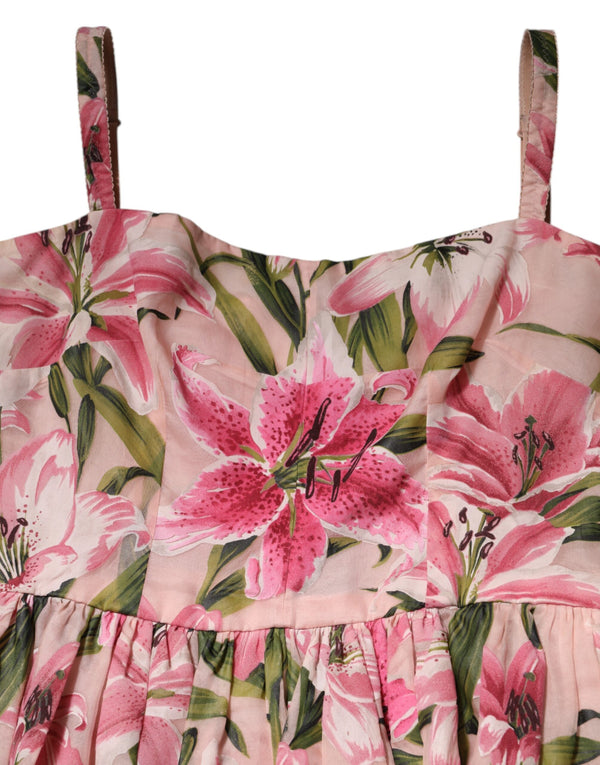 Pink Floral Lily Print Midi Sleeveless Dress