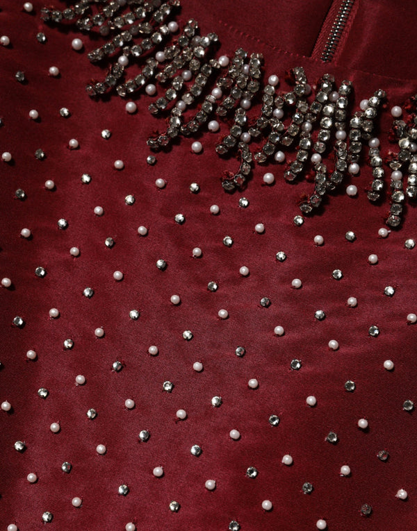 Burgundy Silk Beaded Evening Gown Dress