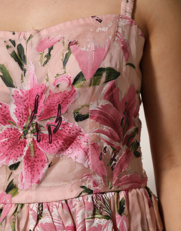 Pink Cotton Floral Pleated Sleeveless Dress