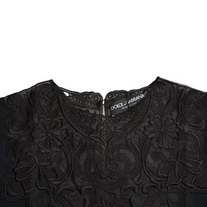 Black Silk Lace Trim Long Sleeves Blouse Top