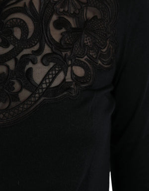 Black Silk Lace Trim Long Sleeves Blouse Top