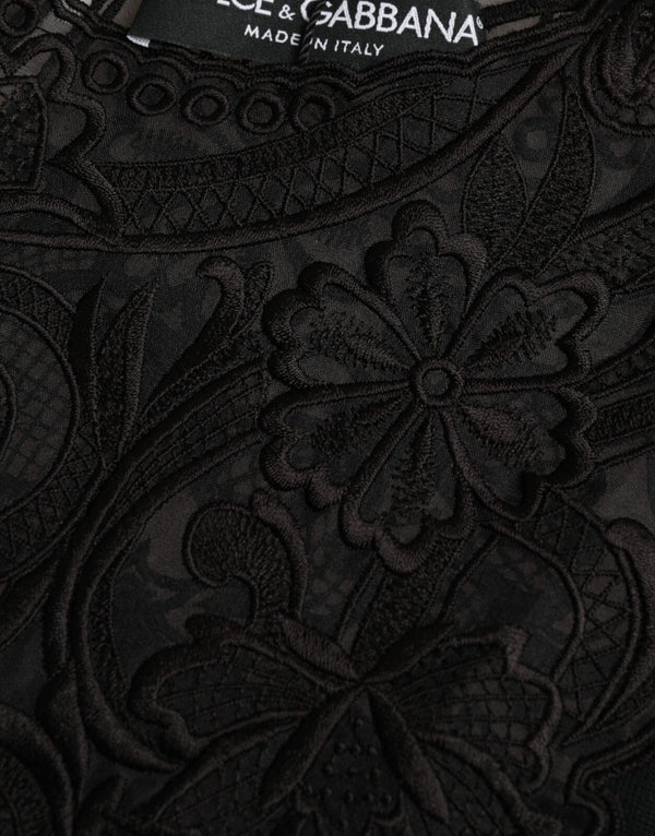 Black Silk Lace Trim Long Sleeves Blouse Top