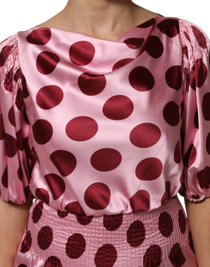 Pink Red Polka Dot Silk Satin Maxi Gown Dress