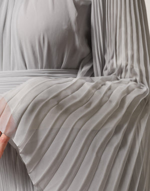 Grey Pleated Maxi Long Sleeve Silk Blend Gown Dress