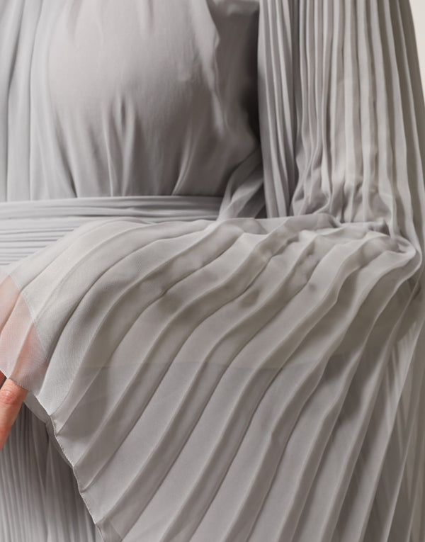 Grey Pleated Maxi Long Sleeve Silk Blend Gown Dress