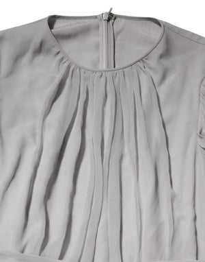 Grey Pleated Maxi Long Sleeve Silk Blend Gown Dress