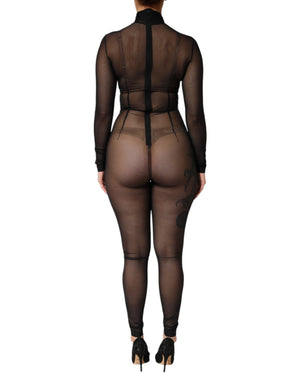 Black Sheer Mesh Long Sleeve Jumpsuit Bodysuit Dress