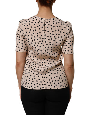 Beige Black Polka Dot Silk Short Sleeve Blouse Top