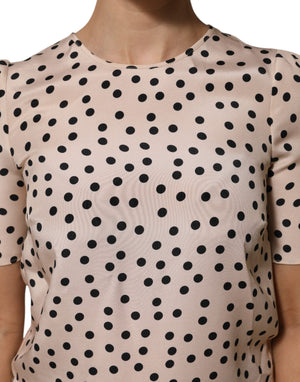 Beige Black Polka Dot Silk Short Sleeve Blouse Top