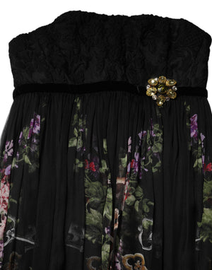 Black Floral Key Print Crystal Strapless Dress