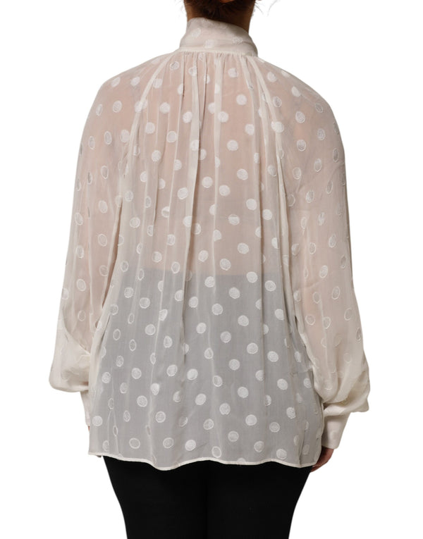 White Polka Sheer Silk Bow Tie Shirt Blouse Top