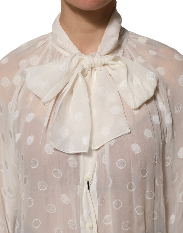 White Polka Sheer Silk Bow Tie Shirt Blouse Top