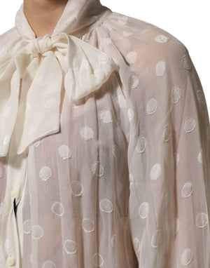 White Polka Sheer Silk Bow Tie Shirt Blouse Top