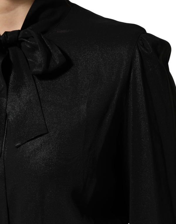Black Viscose Long Sleeve Tie Neck Blouse Top