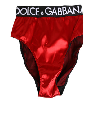 Red Satin High-Waist Briefs Logo Women Underwear