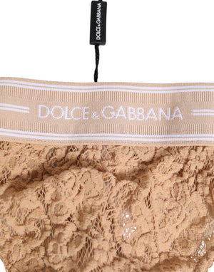 Beige Lace Logo Elastic Waist Thong Tanga Underwear
