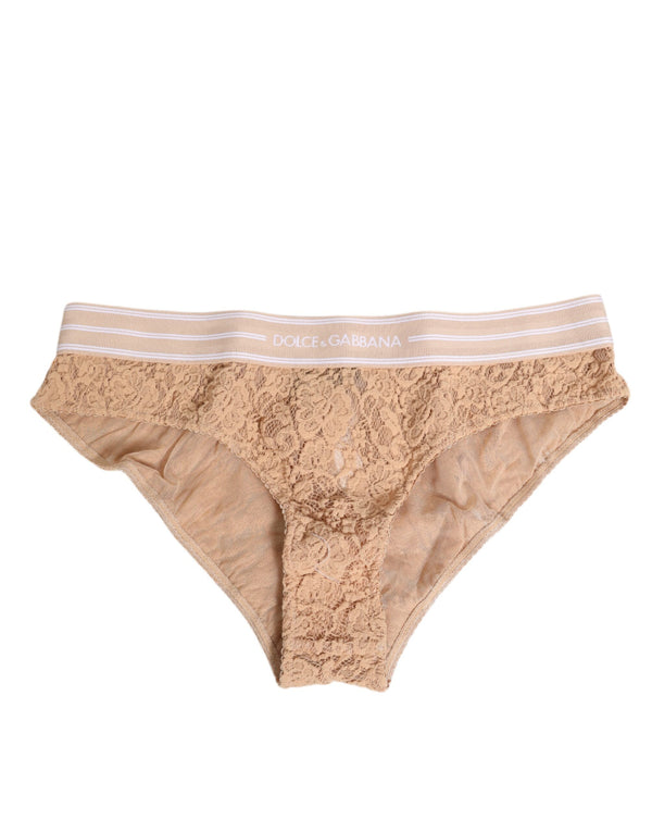 Beige Lace Brasiliano Briefs Logo Waistband Underwear