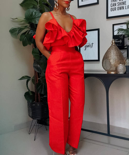 Stylish V-Neck Ruffled Halter Top High-Waisted Pantsuit Fun