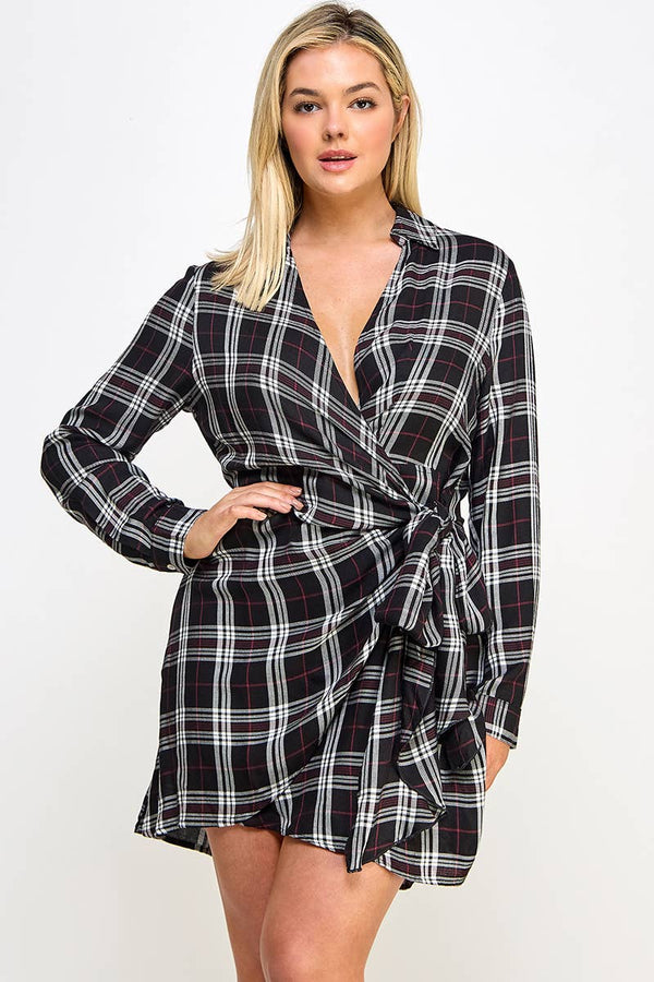 Plaid Wrap Tie Mini Dress
