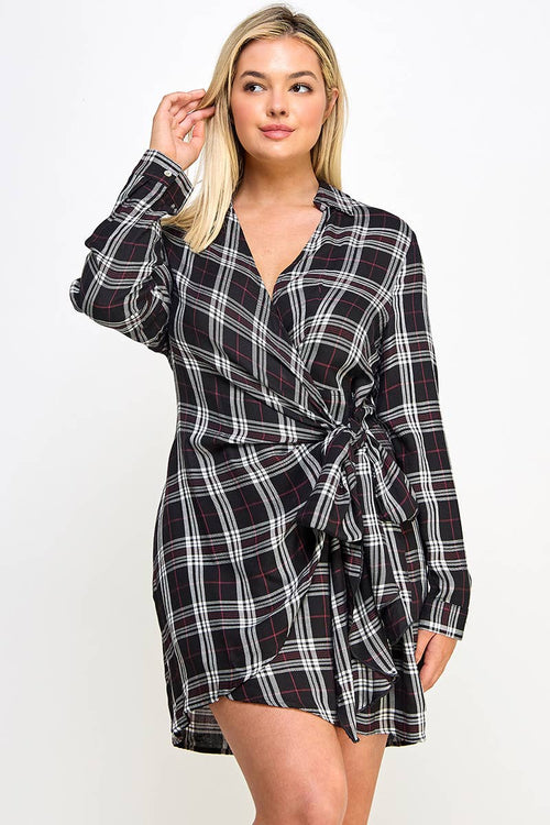 Plaid Wrap Tie Mini Dress
