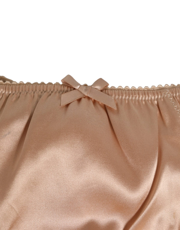 Nude Beige Silk Satin Bow Lace Trim Underwear