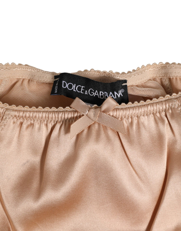 Nude Beige Silk Satin Bow Lace Trim Underwear